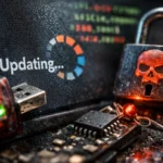 Close-up of a USB device and padlock with a skull, indicating an update process.