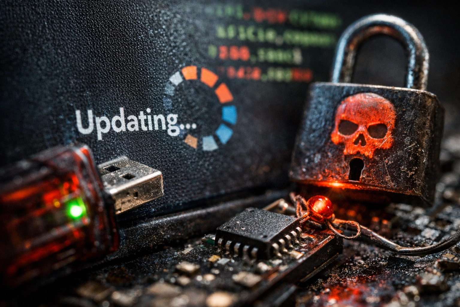 Close-up of a USB device and padlock with a skull, indicating an update process.