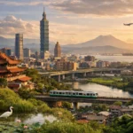 Sunset view of Taipei with a train crossing a bridge and an elegant pagoda.