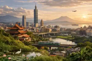 Taipei-Skyline mit Tempel, Zug und See bei Sonnenuntergang.