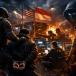 FBI agents arresting a suspect amidst explosions and computer monitors in a tense scene.