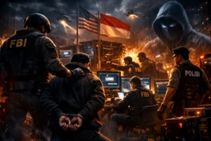 FBI agents arresting a suspect amidst explosions and computer monitors in a tense scene.