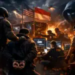 Captura de un arresto con agentes de FBI y un hacker en la pantalla.