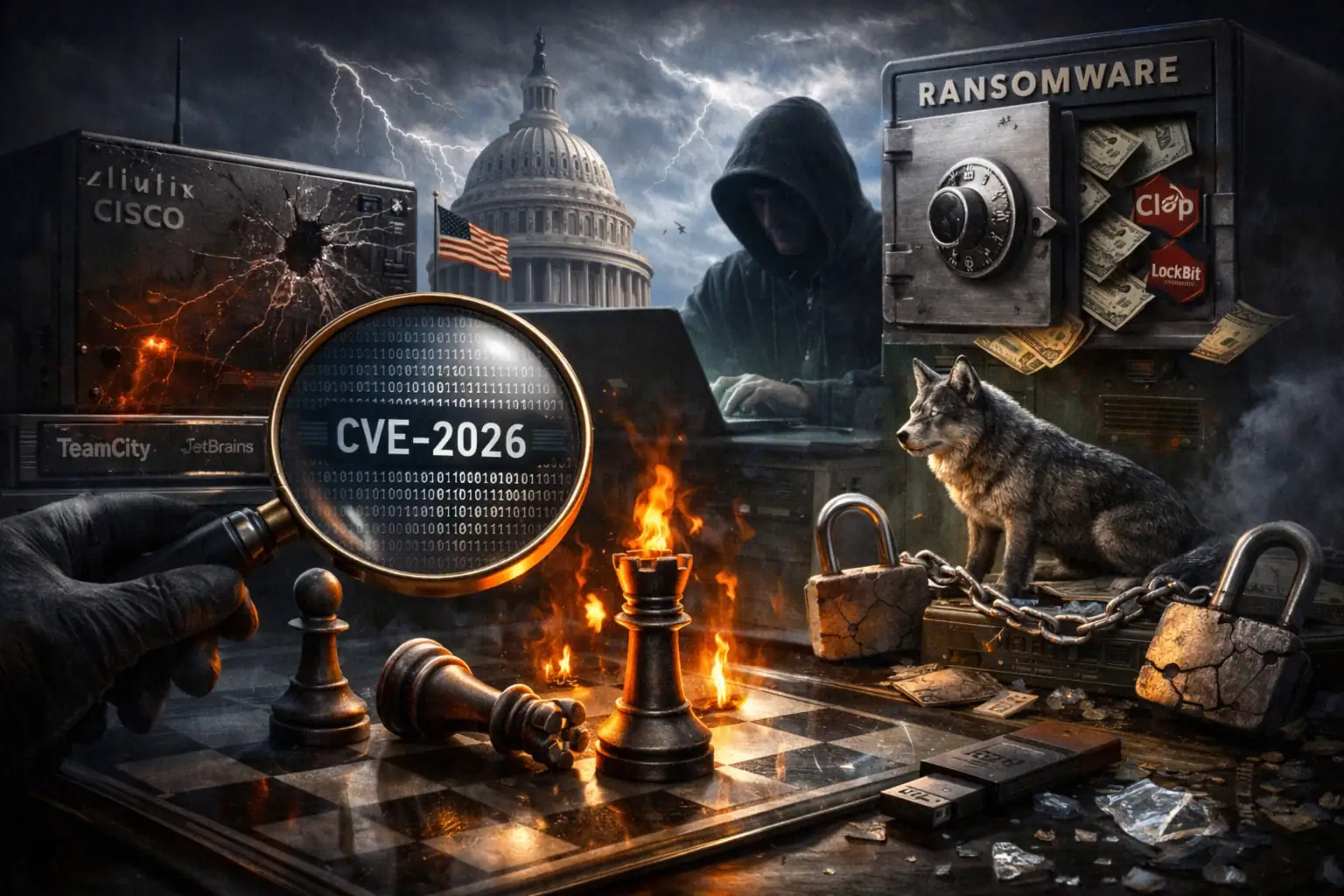 ** Escena oscura de un juego de ajedrez con elementos de ciberseguridad y ransomware.