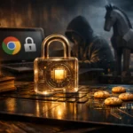 Glowing digital padlock on a keyboard with cookies and a cloaked figure in the background.