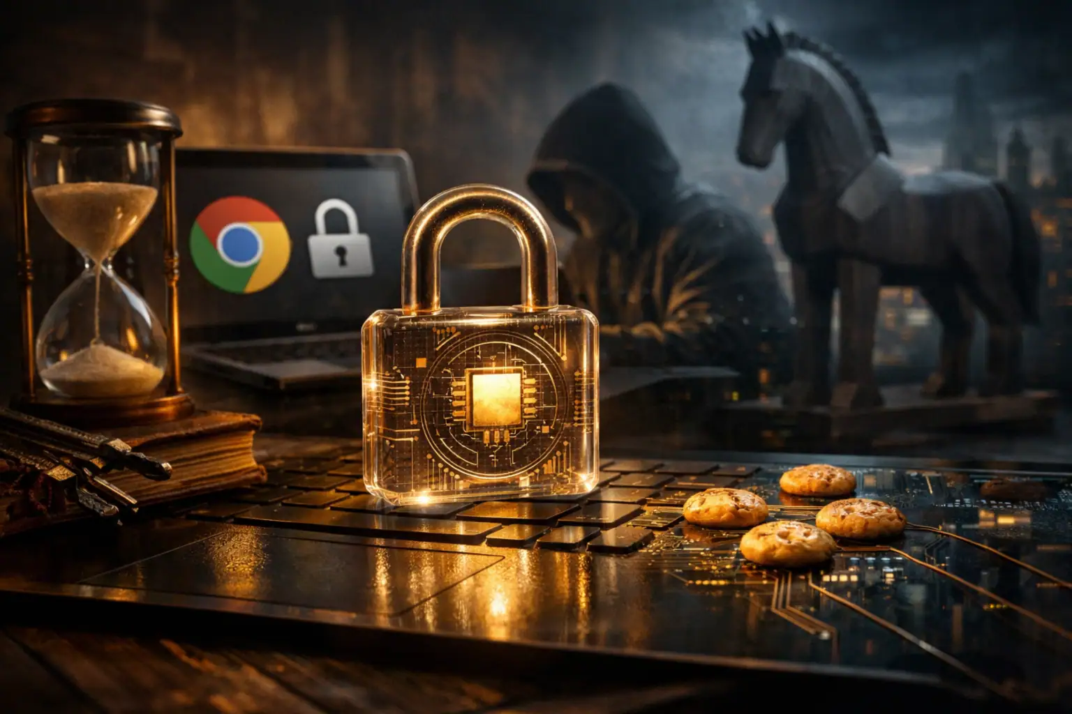 Candado digital sobre teclado, galletas y reloj de arena en un entorno oscuro.