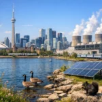 Geese by the waterfront with Toronto skyline and solar panels in view.