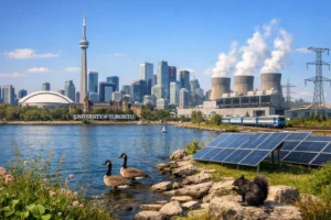 Geese by the waterfront with Toronto skyline and solar panels in view.