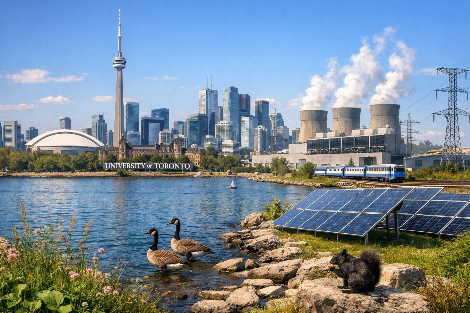 Geese by the waterfront with Toronto skyline and solar panels in view.