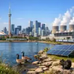 ** Vista del horizonte de Toronto con patos, paneles solares y la Universidad de Toronto.
