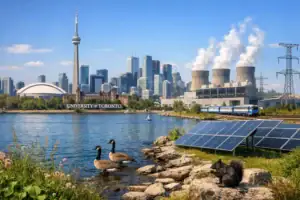 Entlang eines Sees in Toronto mit Geese, Solarpanelen und einer Skyline.