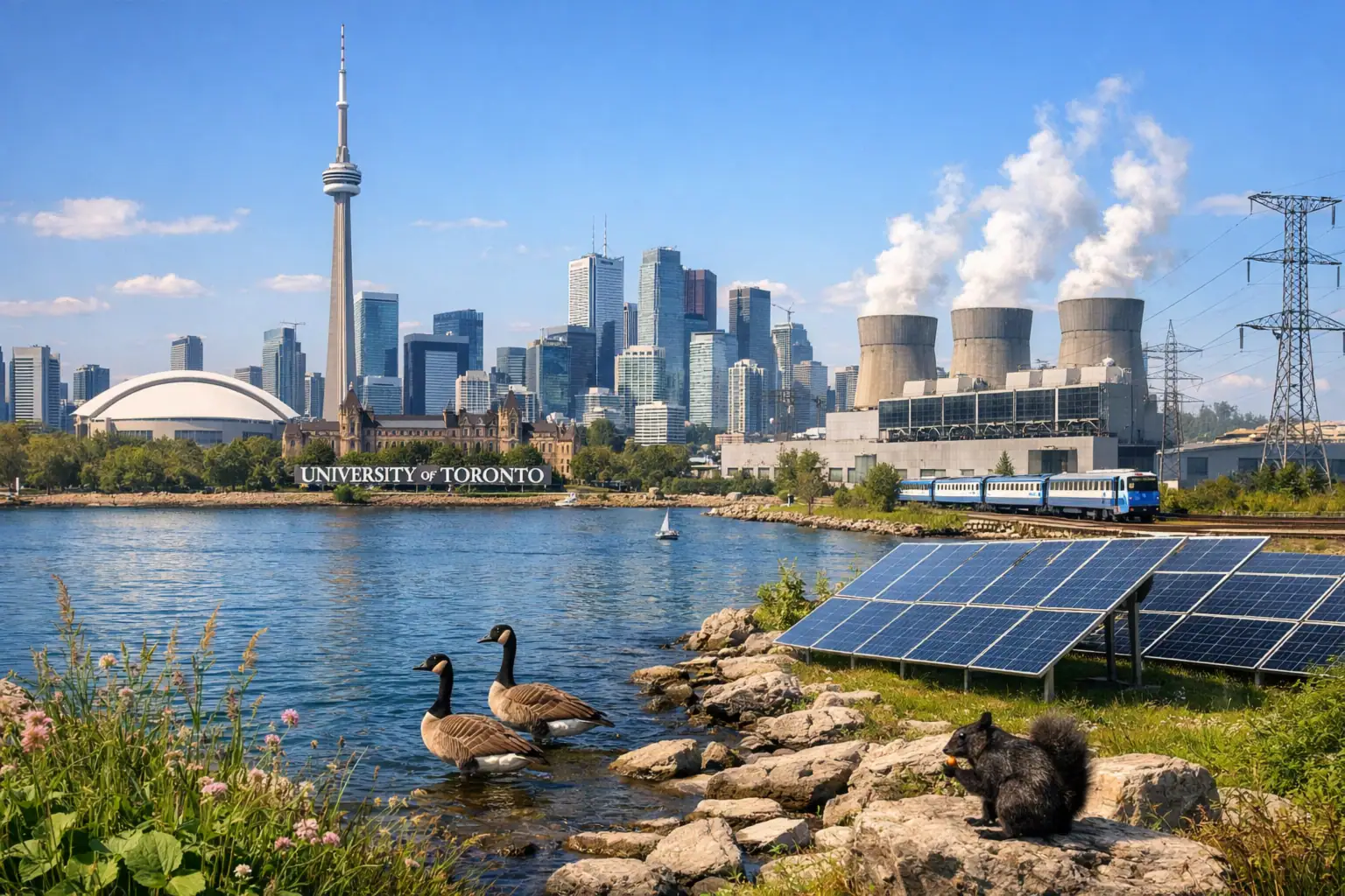 ** Vista del horizonte de Toronto con patos, paneles solares y la Universidad de Toronto.