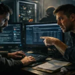 Two men engaging in intense discussion at a computer workstation.