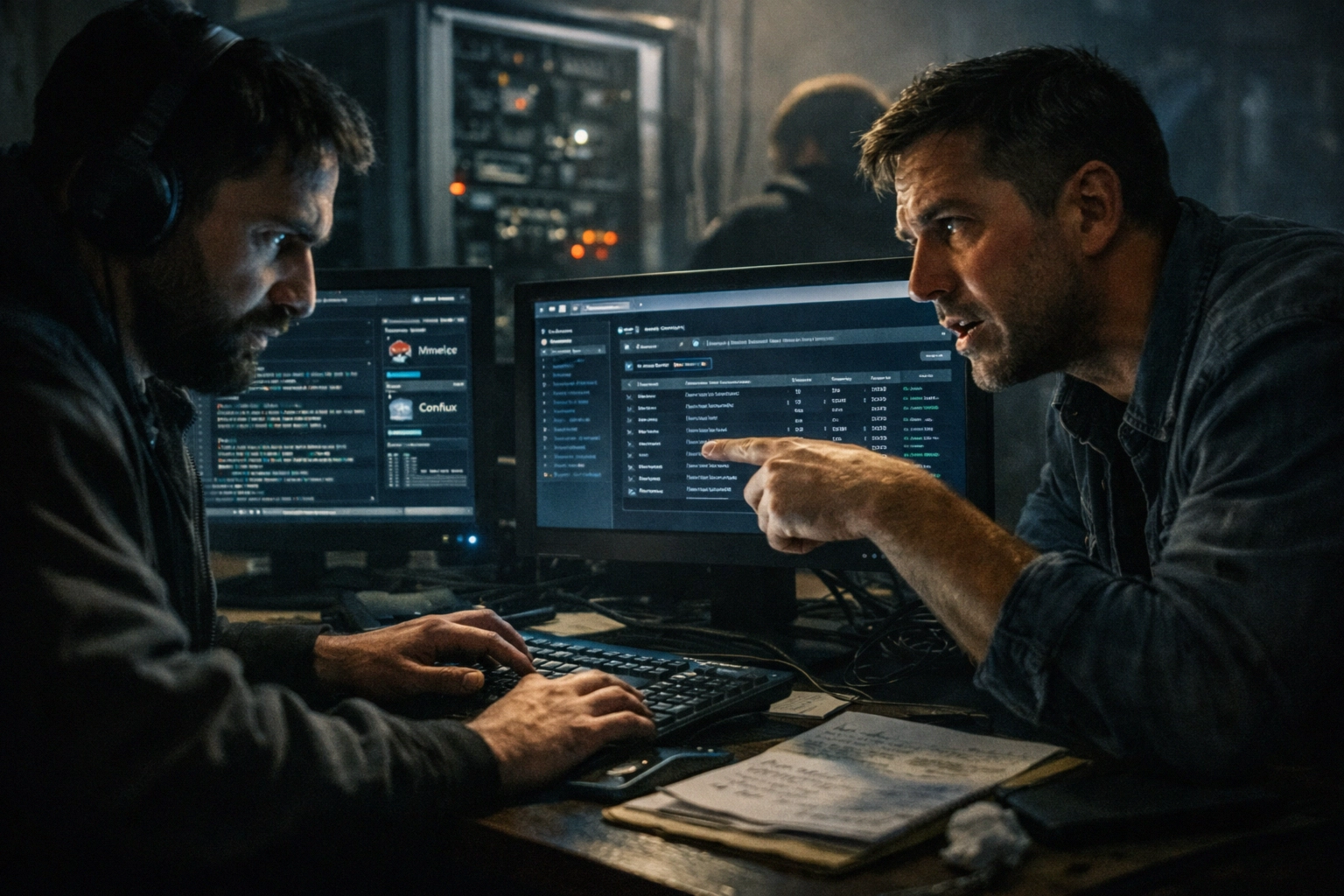 Two men engaging in intense discussion at a computer workstation.