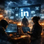 Two hackers work on computers while a mysterious figure looms in the background.