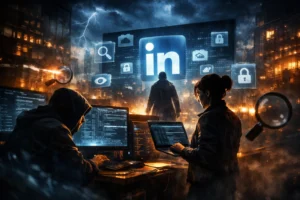 Two hackers work on computers while a mysterious figure looms in the background.