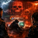 Hacker at computer with ominous lighting and skull background, two figures observing.