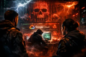 Hacker at computer with ominous lighting and skull background, two figures observing.