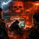 Хакер за компьютером в облаке Google, окружающий мрак и красные огни.