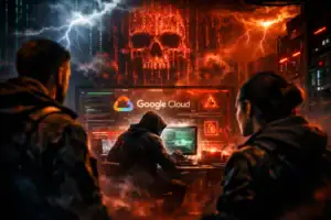 Hacker arbeitet am Computer, umgeben von digitalem Einfluss und Gefahr.