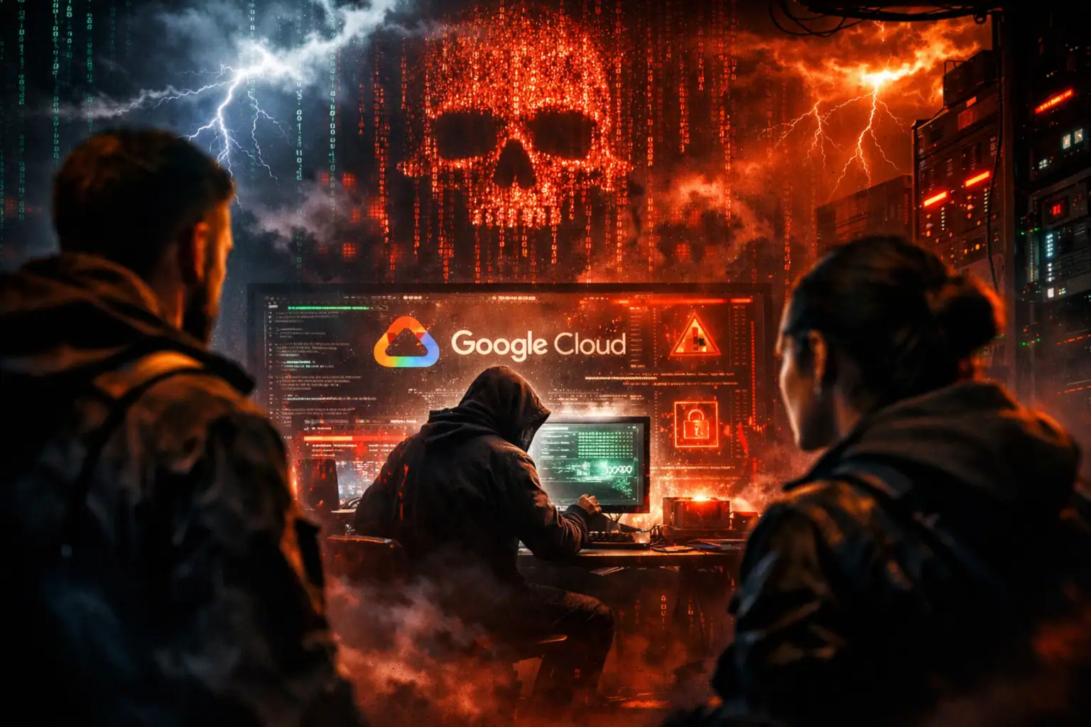 Хакер за комп'ютером на фоні загрозливого монітора та коду.