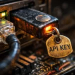USB drive with an API key tag connected to a computer, glowing light.