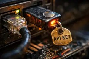 USB-Stick mit angestecktem Kabel und Schlüsselanhänger mit Aufschrift "API KEY".