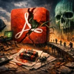 Digital chaos depicted with a hacker, explosive device, and looming skull in dark landscape.