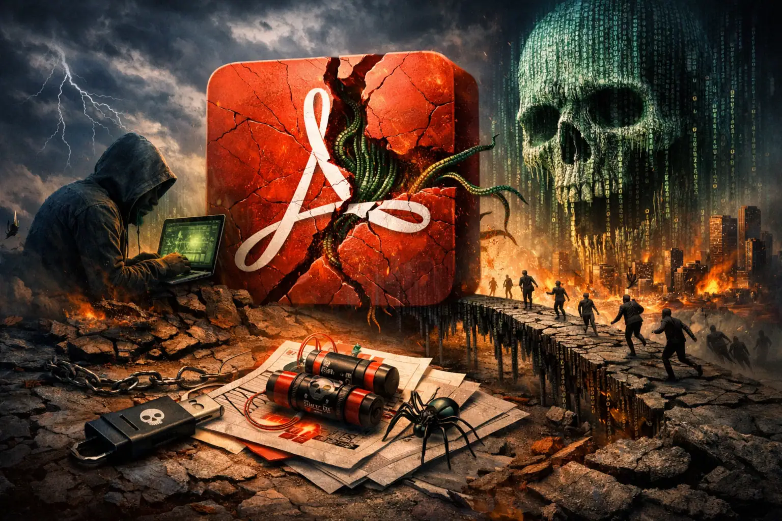 Escena distópica con un fondo apocalíptico y un logotipo roto de Adobe pdf.