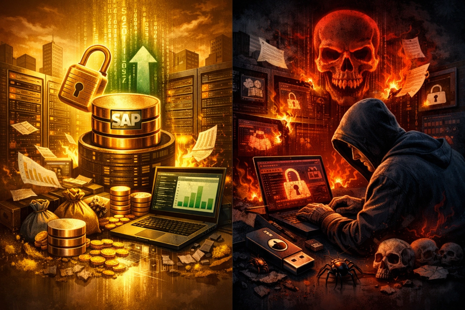 Visual contrast of data security and cyber threat themes in a digital landscape.