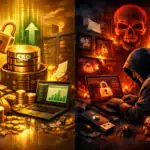 Illustration von Cybersicherheit, die eine positive und negative Perspektive darstellt.