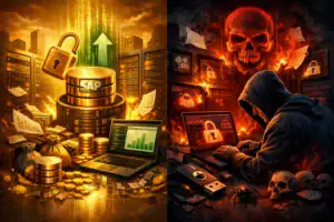 Illustration von Cybersicherheit, die eine positive und negative Perspektive darstellt.