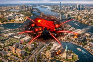 Cyber attack scene featuring iconic landmarks with a dramatic backdrop.