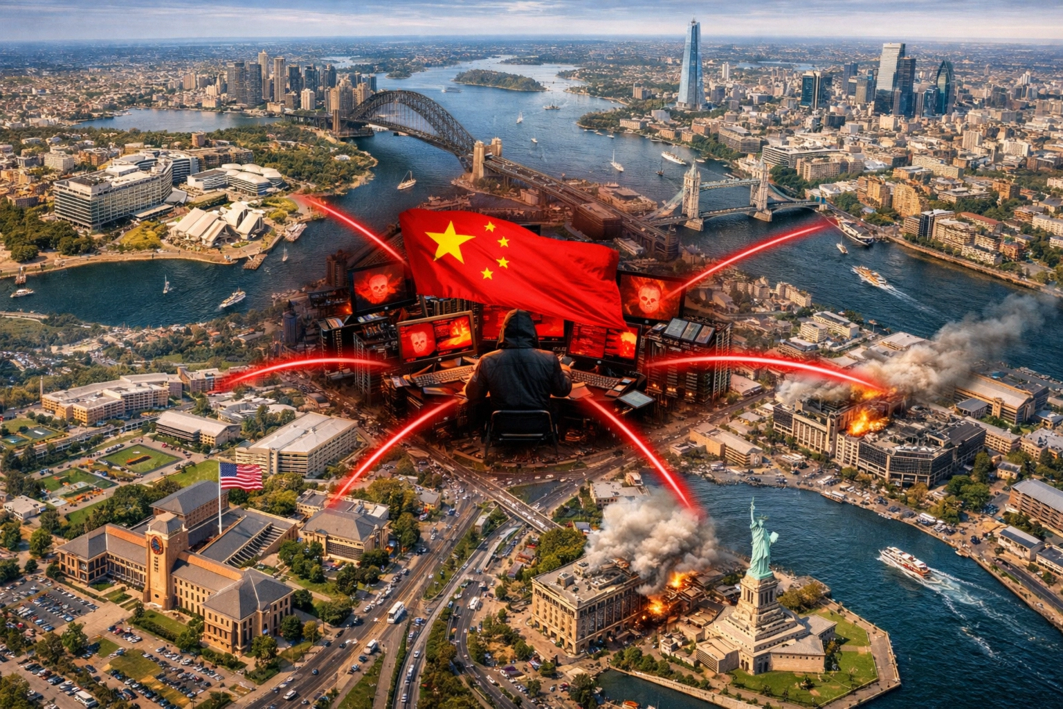 Cyber attack scene featuring iconic landmarks with a dramatic backdrop.