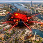 Панорамный вид на разрушенные города с флагом Китая и хакером за компьютером.