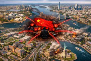 Digitale Szene von einem Hacker inmitten einer collagierten Stadtlandschaft mit Chaos.