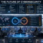 Overview of futuristic cybersecurity concept with AI and human collaboration.
