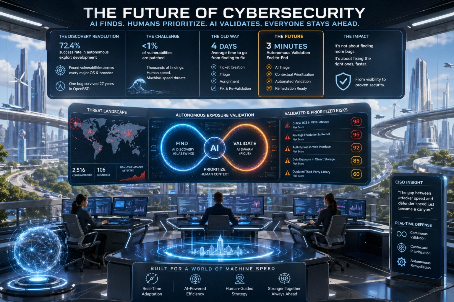 Overview of futuristic cybersecurity concept with AI and human collaboration.