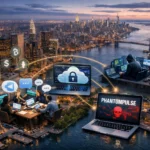 Digital collaboration scene with a city skyline and multiple computer screens.