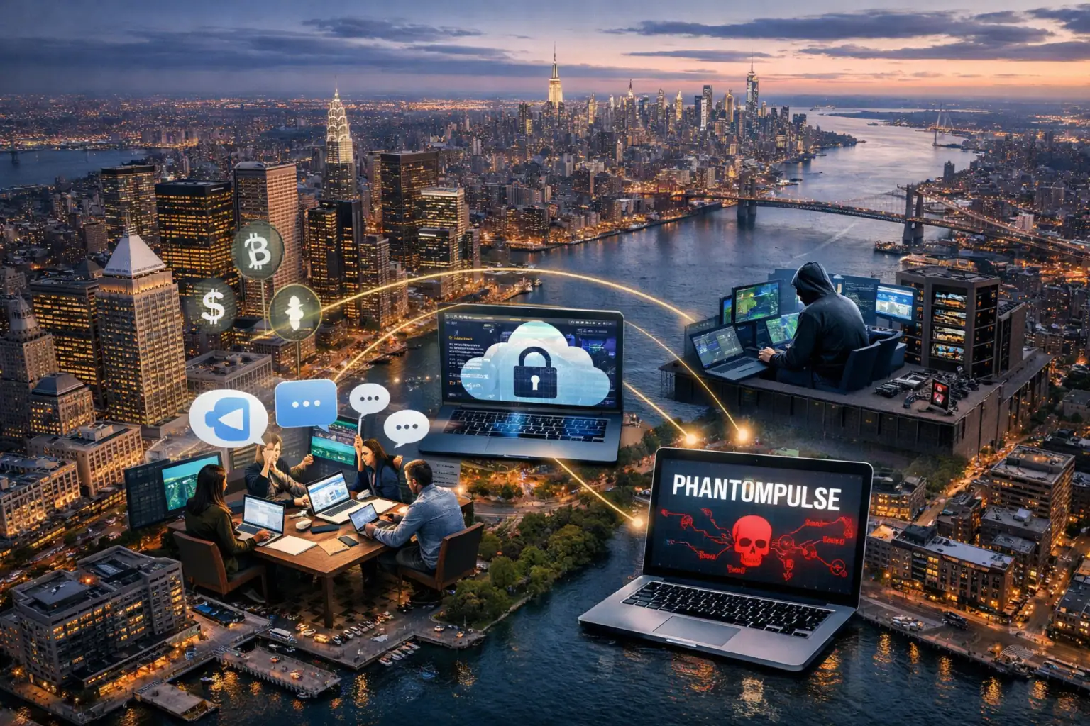 Escena de ciberseguridad que muestra dispositivos conectados y análisis de datos en Nueva York.