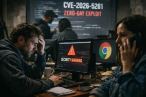 Tense cybersecurity professionals reacting to a severe warning on their screens.