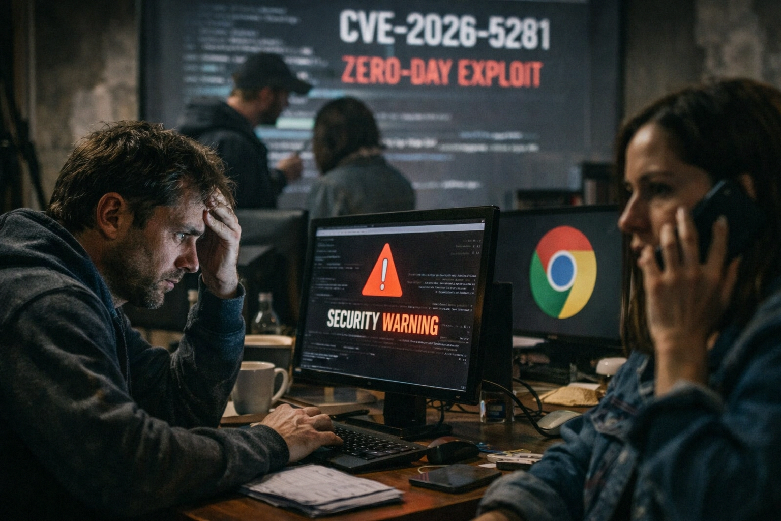 Tense cybersecurity professionals reacting to a severe warning on their screens.