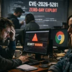 Bildschirm zeigt Sicherheitswarnung über Zero-Day-Exploits, nervöser Mann arbeitet.