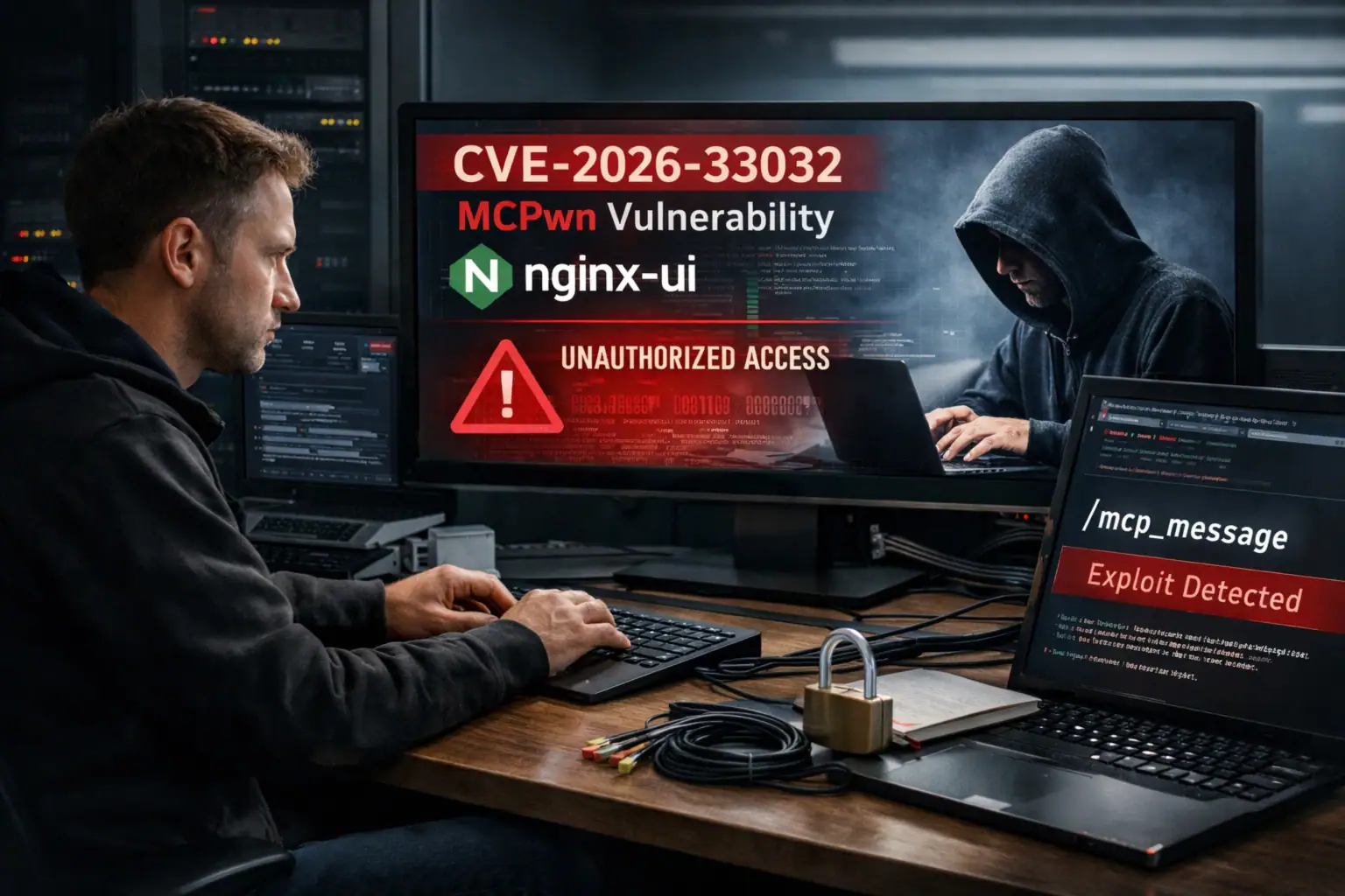 Чоловік працює за комп'ютером, вивчаючи вразливість MCPwn у мережевій системі.