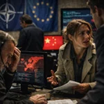 Tense discussion in a high-tech command center with multiple monitors and flags.