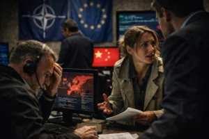 Tense discussion in a high-tech command center with multiple monitors and flags.