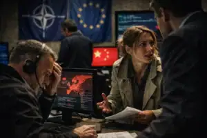 Diskussion in einem Kontrollraum mit besorgten Analysten und Grafiken.