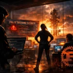 Group of cybersecurity experts working on laptops amid a dramatic sunset.