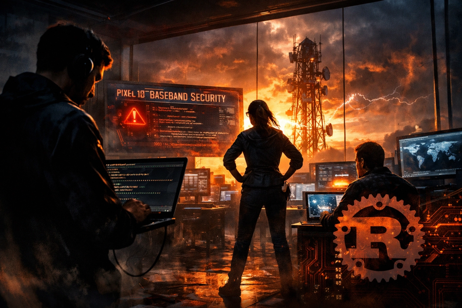 Group of cybersecurity experts working on laptops amid a dramatic sunset.