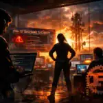 Люди за комп'ютерами у безпеці, спостерігаючи за даними у темряві.